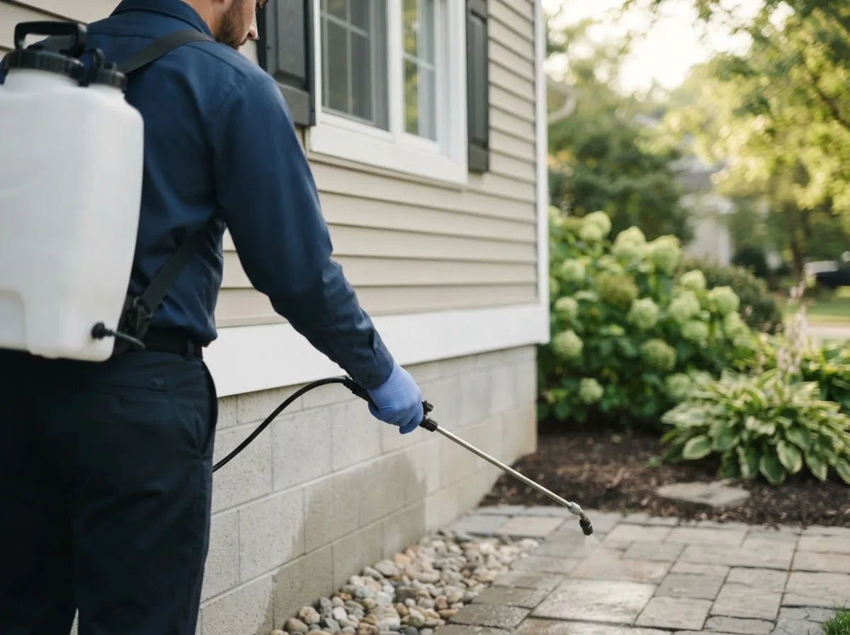 Pest control technician inspecting a home in Wilcoe, WV